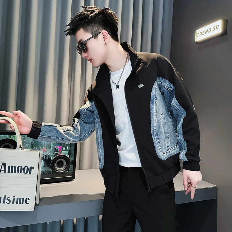 男士外套春秋季新款网红洋气炸街男装衣服高级感牛仔拼接立领夹克