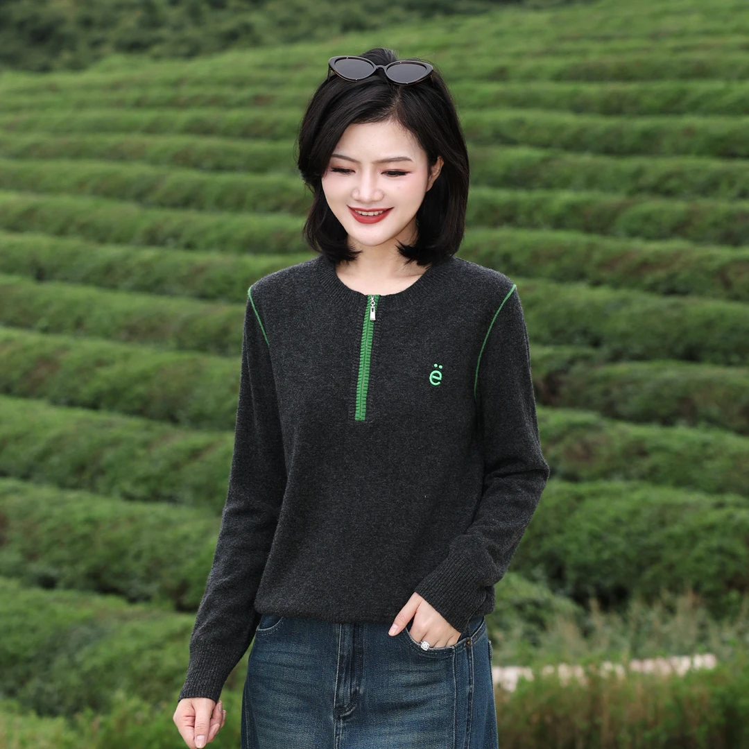 枫竺阿楠anan撞色半拉链全羊毛长袖针织衫女秋冬百搭休闲保暖毛衣