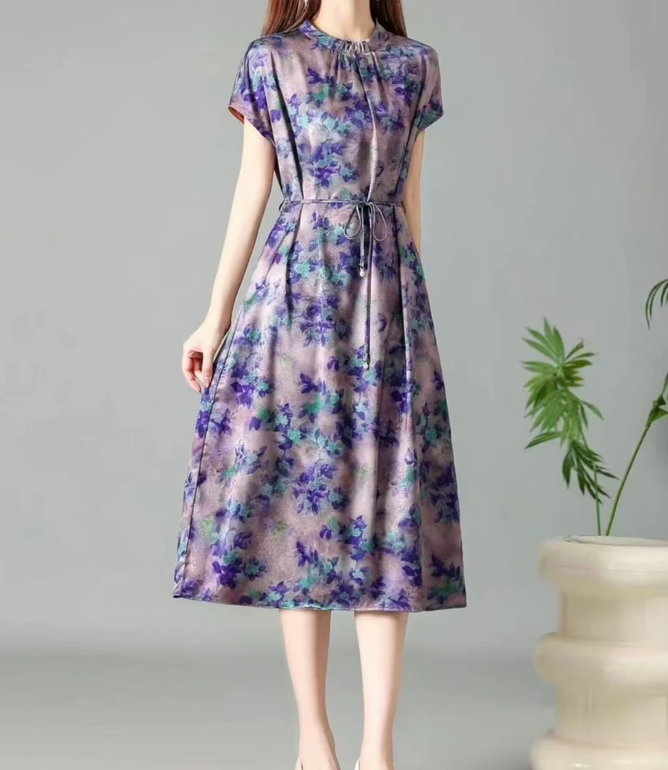 原创设计2025夏季新款气质显瘦短袖连衣裙圆领宽松8016