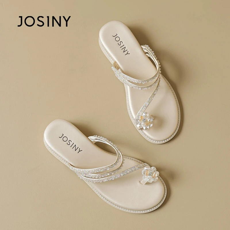 卓诗尼新款平底凉鞋2025年夏季坡跟水钻厚底夹趾外穿两穿凉拖鞋