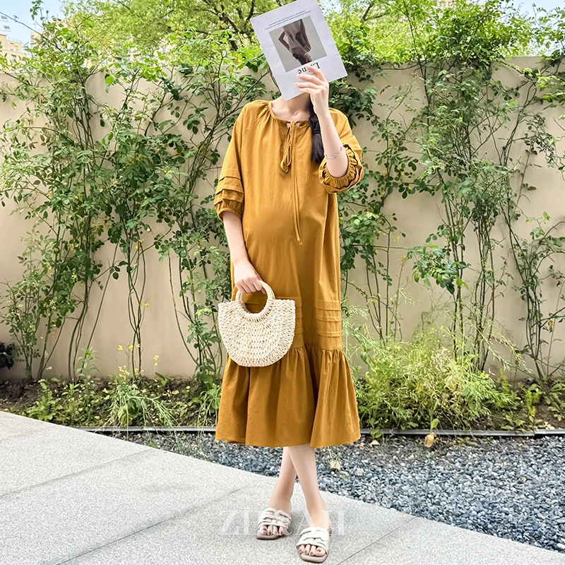 ZH&AH【向阳生长】夏季新款时尚气质百搭设计款孕期棉麻通勤连衣裙