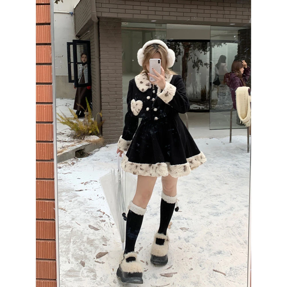 ins毛茸茸时尚全套装女2025秋冬季毛领修身显瘦吊带连衣裙短保暖