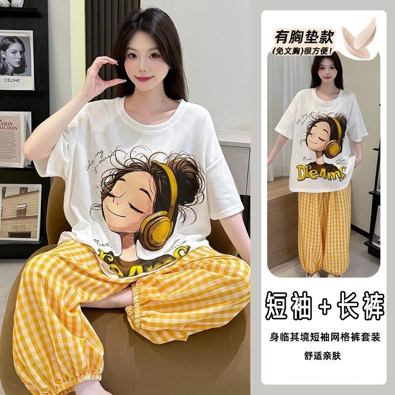 夏季可外穿睡衣女套装长裤2025年新款宽松休闲圆领短袖家居服套装