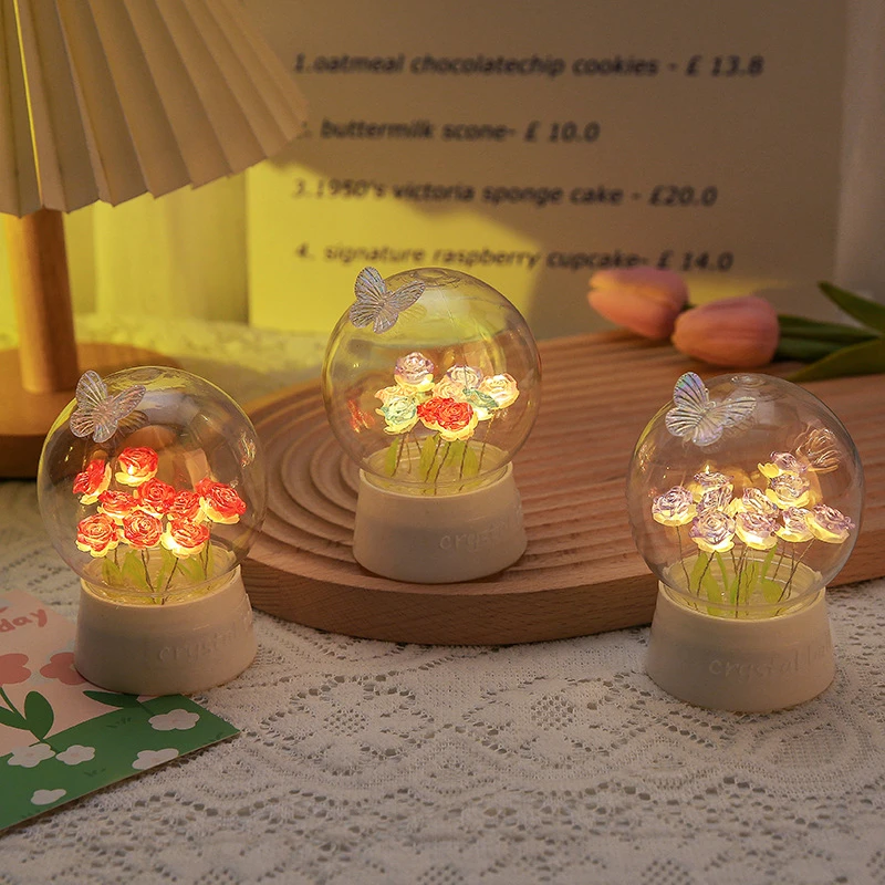 水晶球玫瑰与碟花郁金香小夜灯网红diy氛围男女友生日礼物情人节