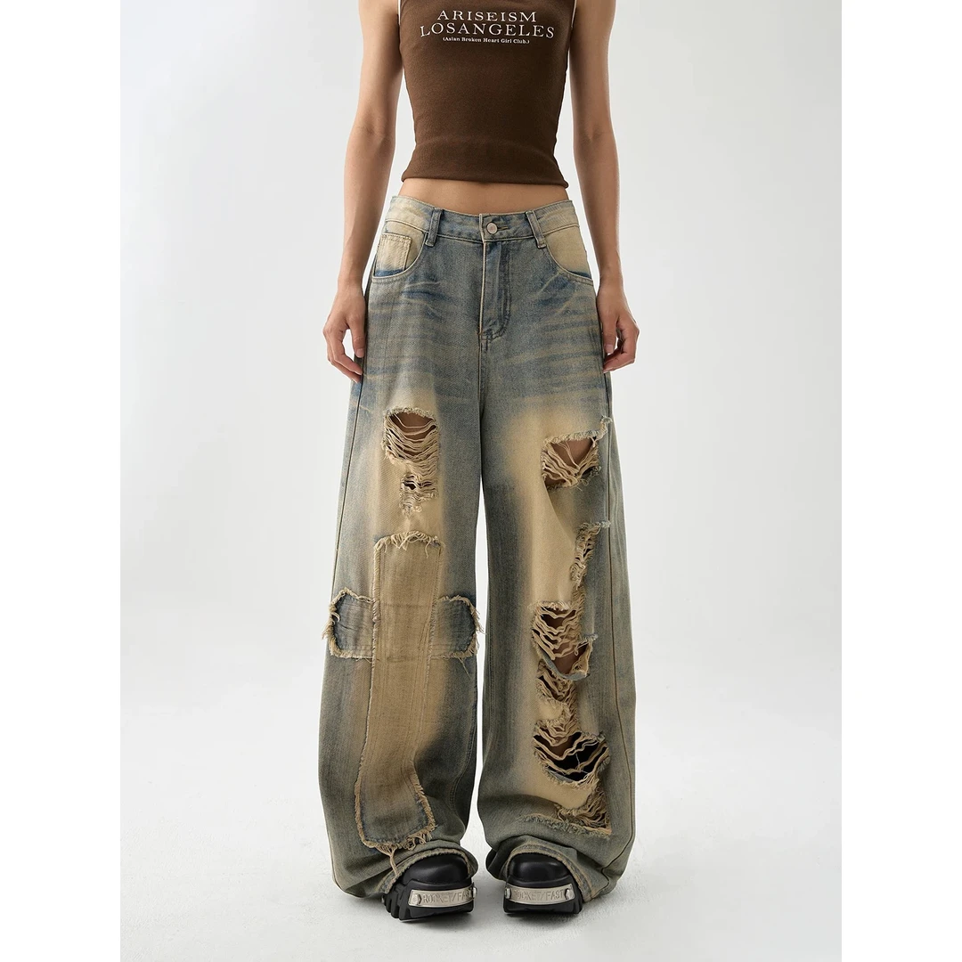 复古蓝破洞阔腿牛仔裤女夏薄款美式高街宽松直筒垂感裤子夏季新款