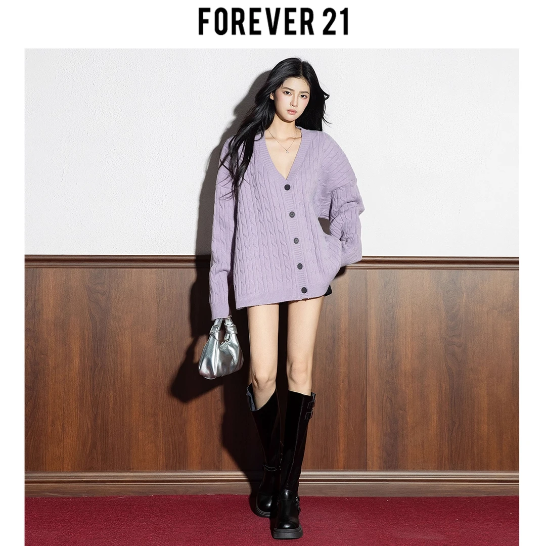 Forever 21超好看宽松慵懒高级感紫色外穿新款针织开衫毛衣外套女