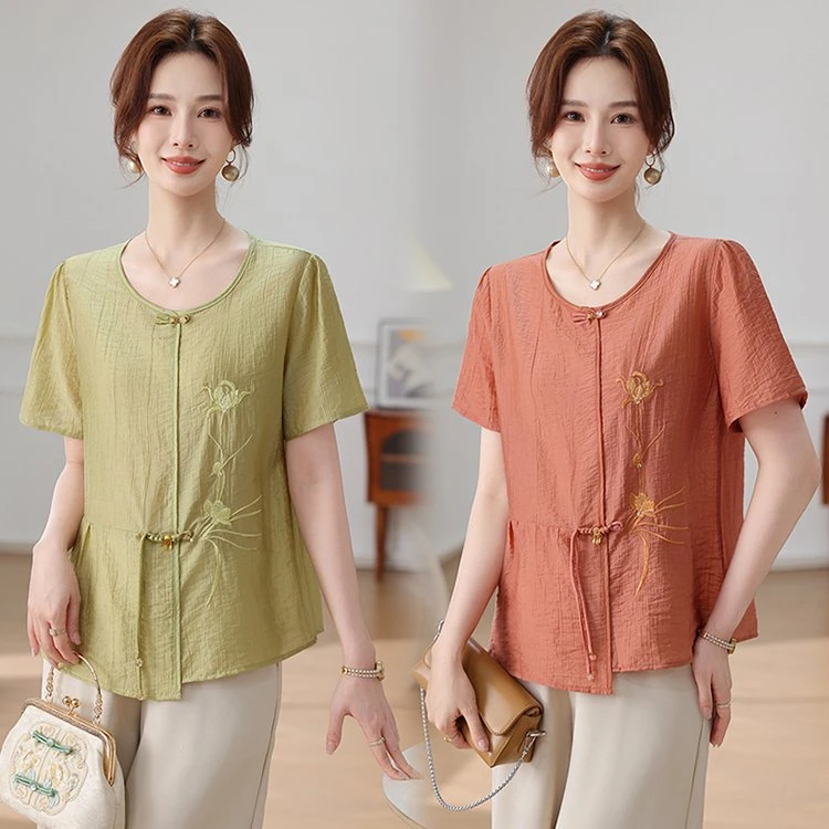 2025新款妈妈夏装新中式短袖T恤套装洋气中老年女莱赛尔天丝上衣