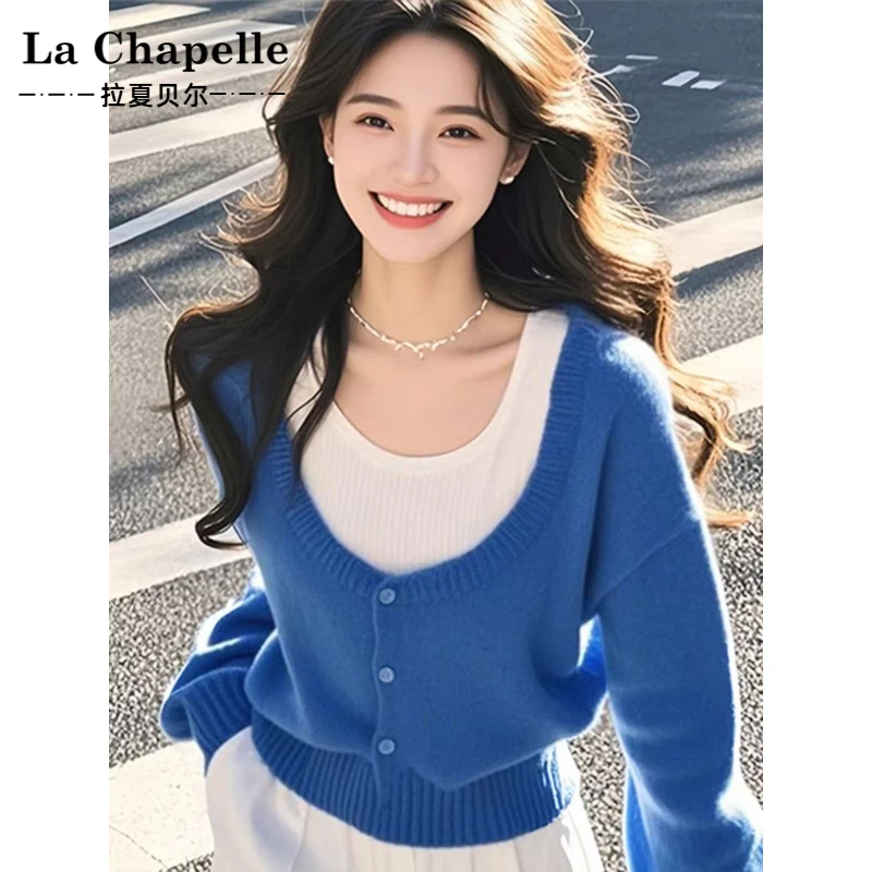 拉夏贝尔洋气减龄上衣蓝色假两件针织衫女2025秋季新款今年流行的