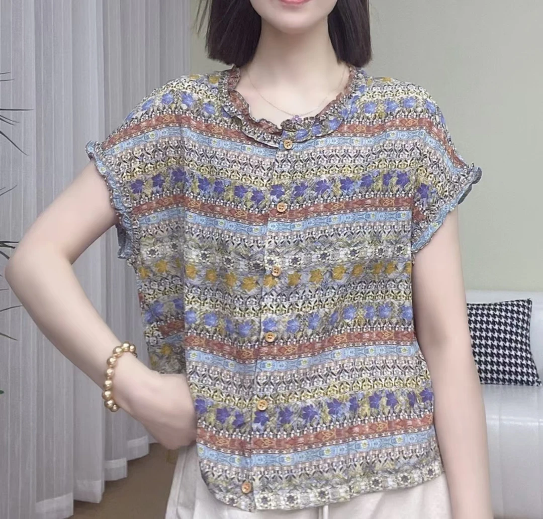 时尚花边领凉快透气衬衫中年女装休闲遮肉大码2025夏季短袖上衣