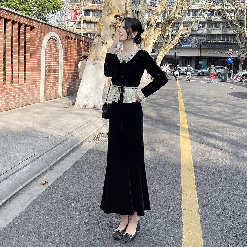 DUCURNO黑色丝绒套装女秋季2025新款时尚气质遮肉显瘦减龄两件套