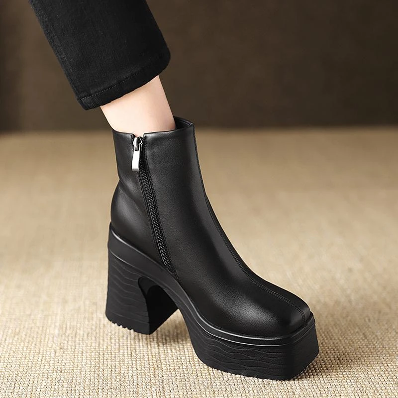 牛皮方头粗跟马丁靴女2025新款小个子厚底防水台11厘米超高跟短靴