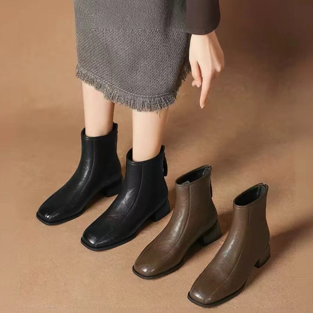 【品牌力荐】真皮秋冬新款百搭时尚加绒加厚舒适高级设计感靴子