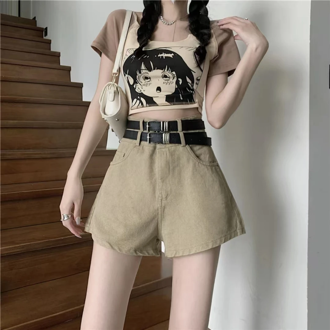 W3355王仙女 辣妹腰带牛仔裤女高腰显瘦双排牛仔裤短裤阔腿裤