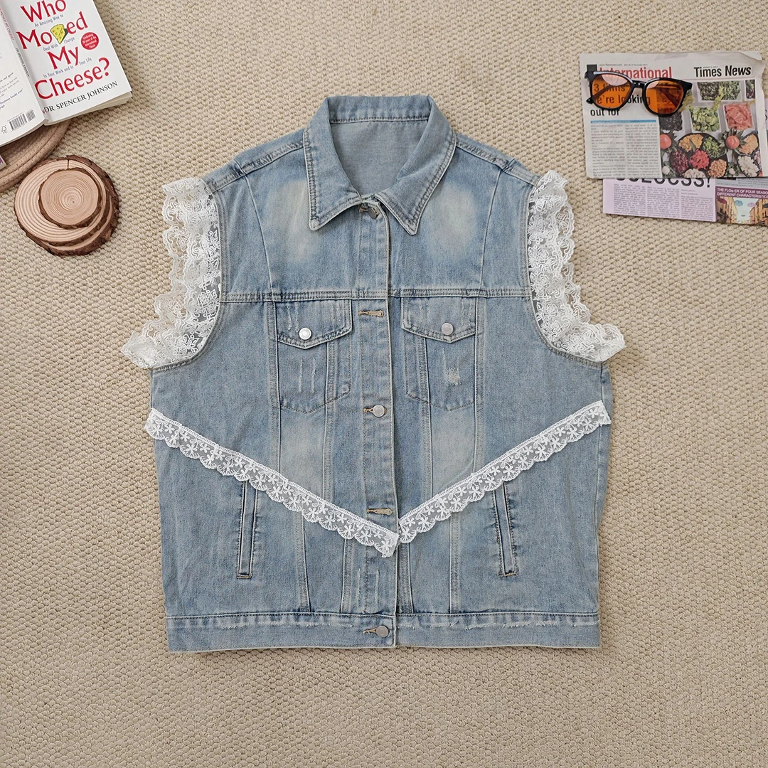 2025夏季新款休闲潮牌做旧洗水拼蕾丝牛仔马甲外套2311
