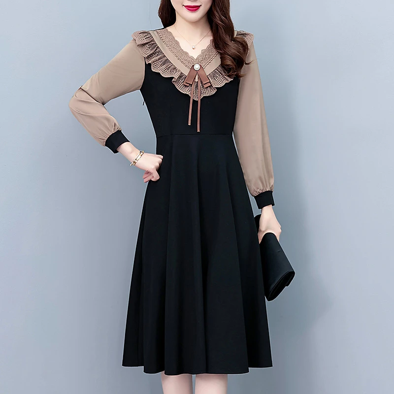 气质假两件套修身显瘦中长款大码女装胖MM长袖春秋新款连衣裙时尚