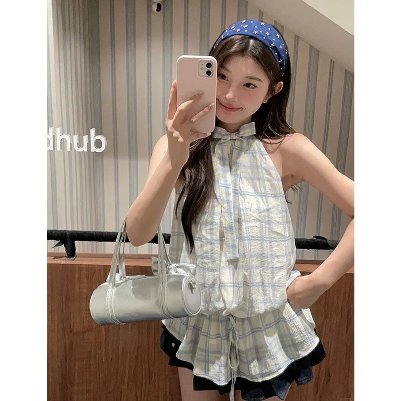 蝴蝶结格子连衣裙夏季无袖辣妹高级气质2025新款法式背心裙子