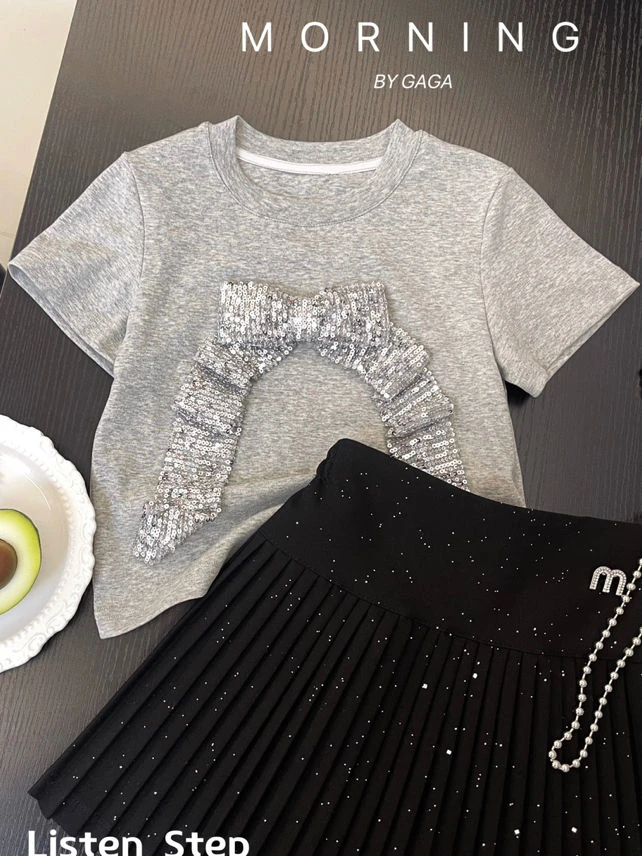 【haobaby】亮片蝴蝶结灰T恤1675