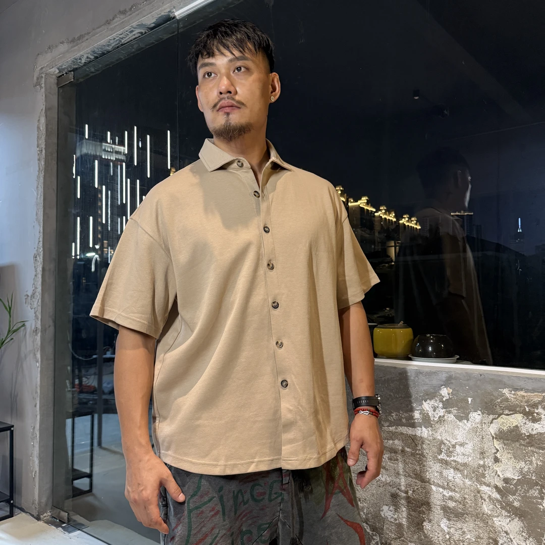 FF原创设计 杏色衬衫短袖 T恤双面棉宽松卡其翻领男士美式衬衫