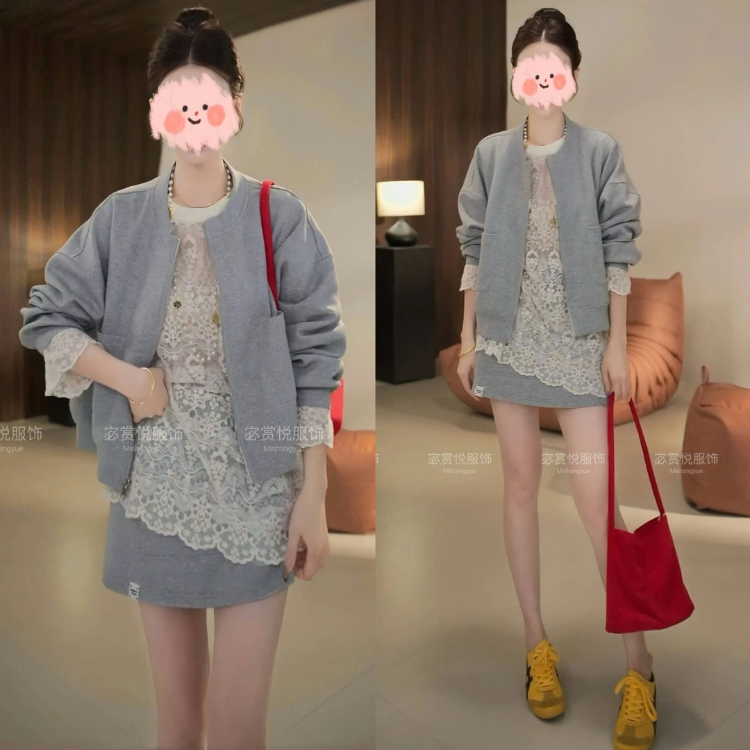 洋气休闲装2025春减龄宽松蕾丝打底显瘦夹克百搭棒球服短裙套装女