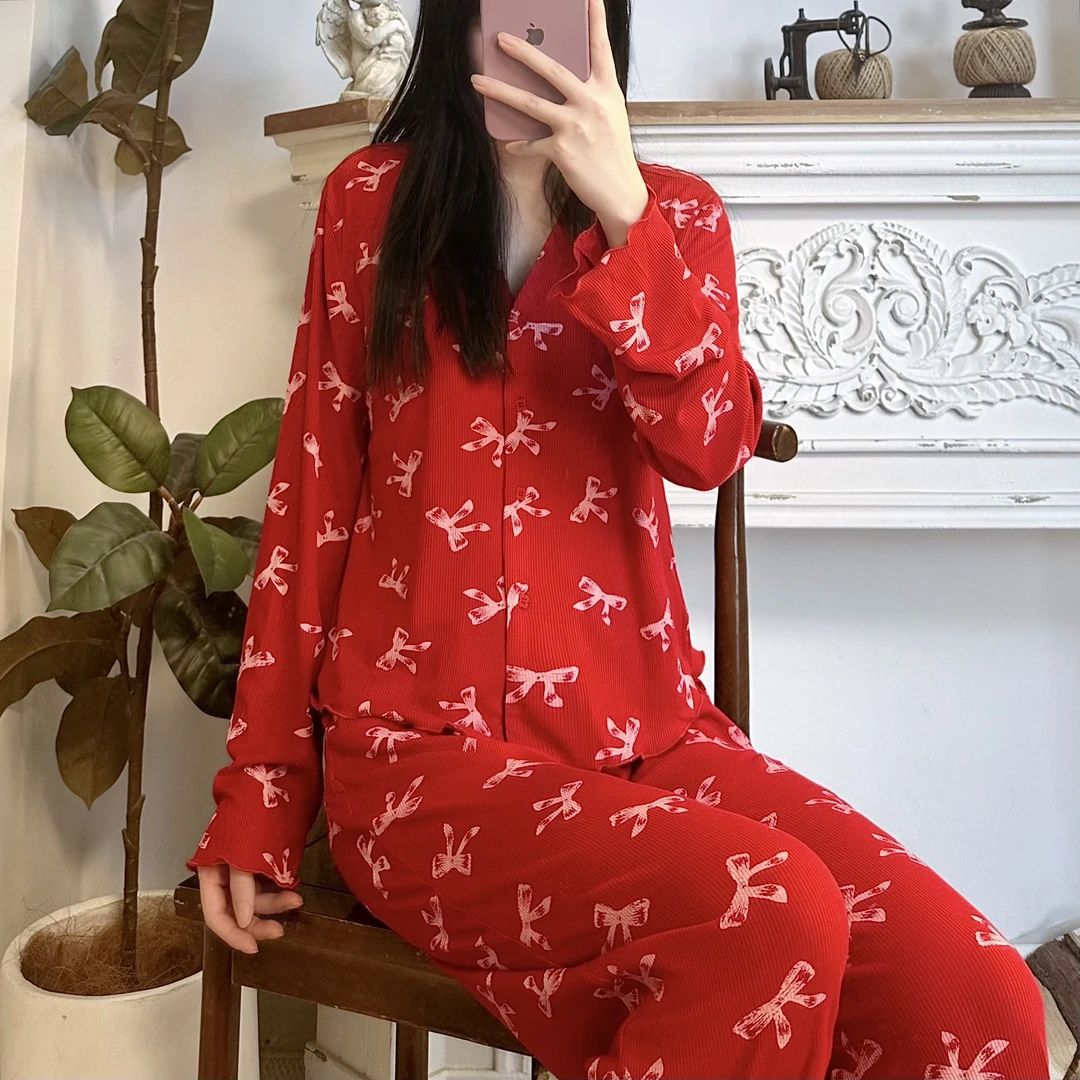 司睿睡衣内搭BM风长袖显瘦蝴蝶结满印舒适透气棉打底衫套装