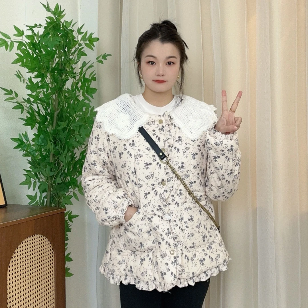 【翻领烟熏玫瑰】棉衣蕾丝保暖常规款拼接女士棉服娃娃领宽松型加厚