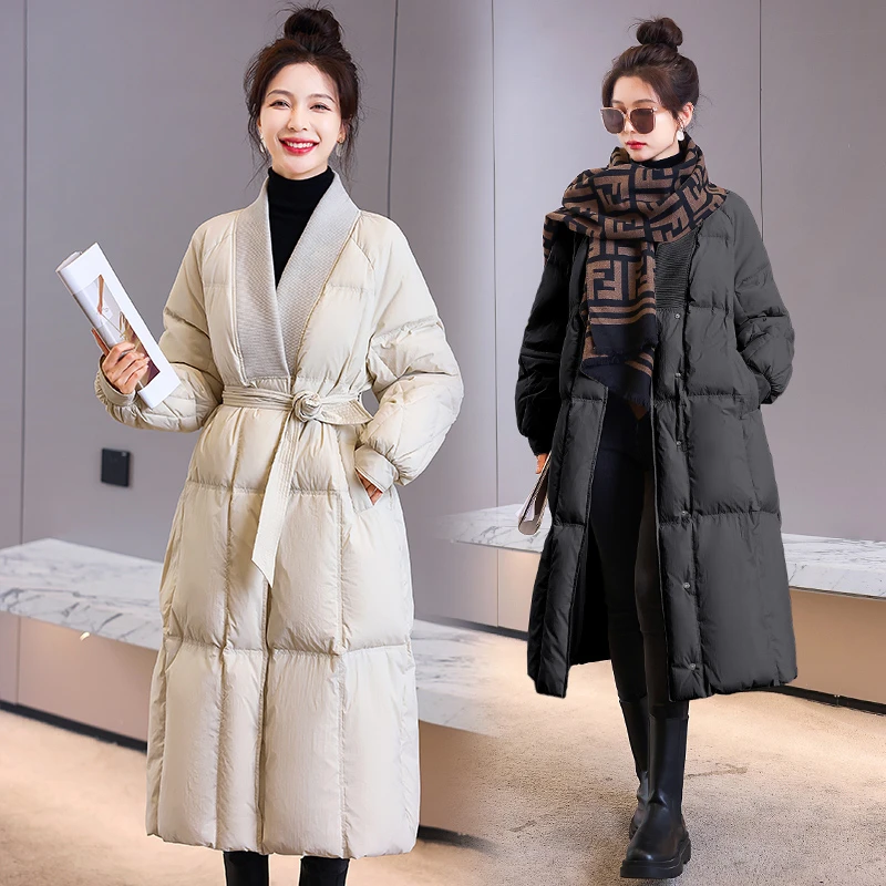 羽绒服女中长款过膝2025年新款冬季宽松V领收腰系腰带显瘦白鸭绒