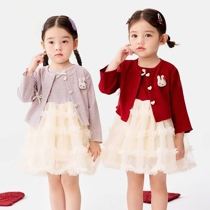 2025秋季新款女童千金风纱裙宝宝公主裙连衣裙蓬蓬裙针织纯色套装