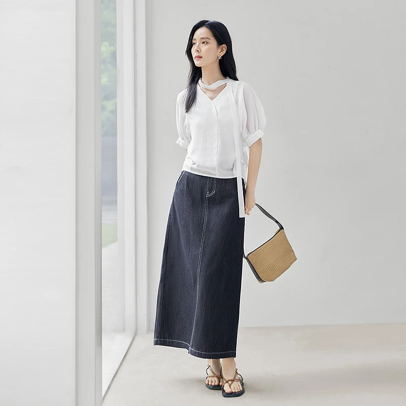 【澳门港正品】D01对白飘带醋酸衬衫V领短袖上衣FDC135-月光白