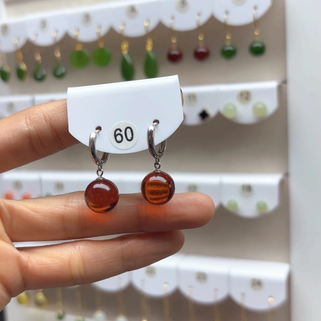 琥珀耳饰银S925镶嵌血珀