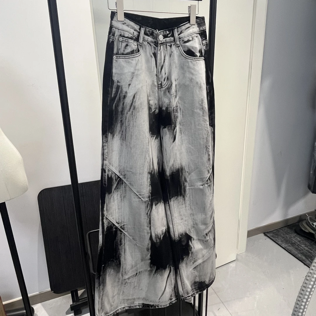 复古水洗做旧牛仔裤女高腰宽松显瘦直筒阔腿拖地长裤