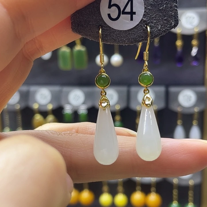 和田玉银S925镀金镶嵌耳饰