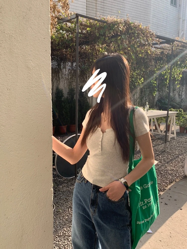 紧身短款螺纹温柔风正肩U领短袖t恤女夏季新款小个子显瘦打底上衣