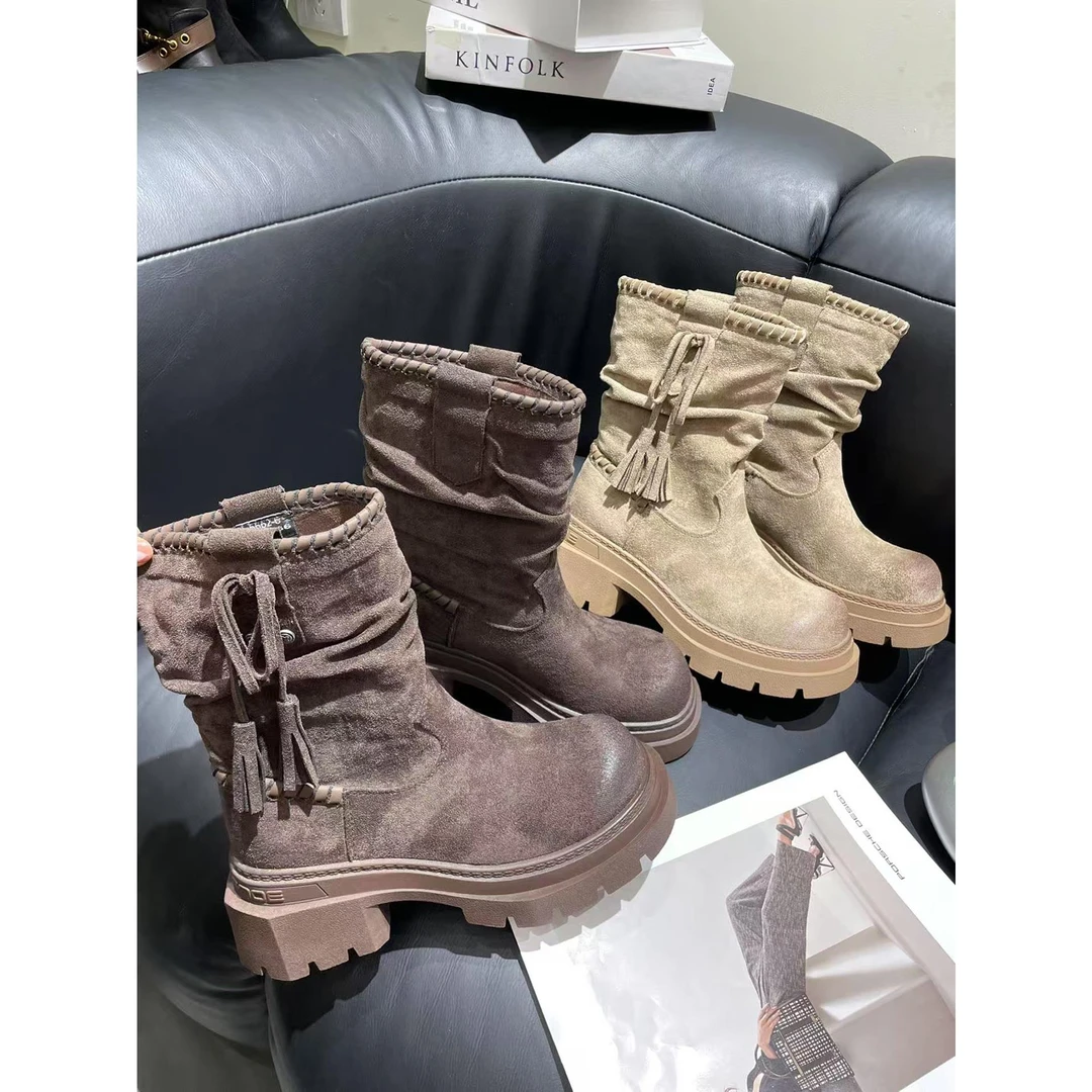 2025新款秋季时尚复古厚底圆头马丁靴增高短靴机车靴流苏堆堆靴子