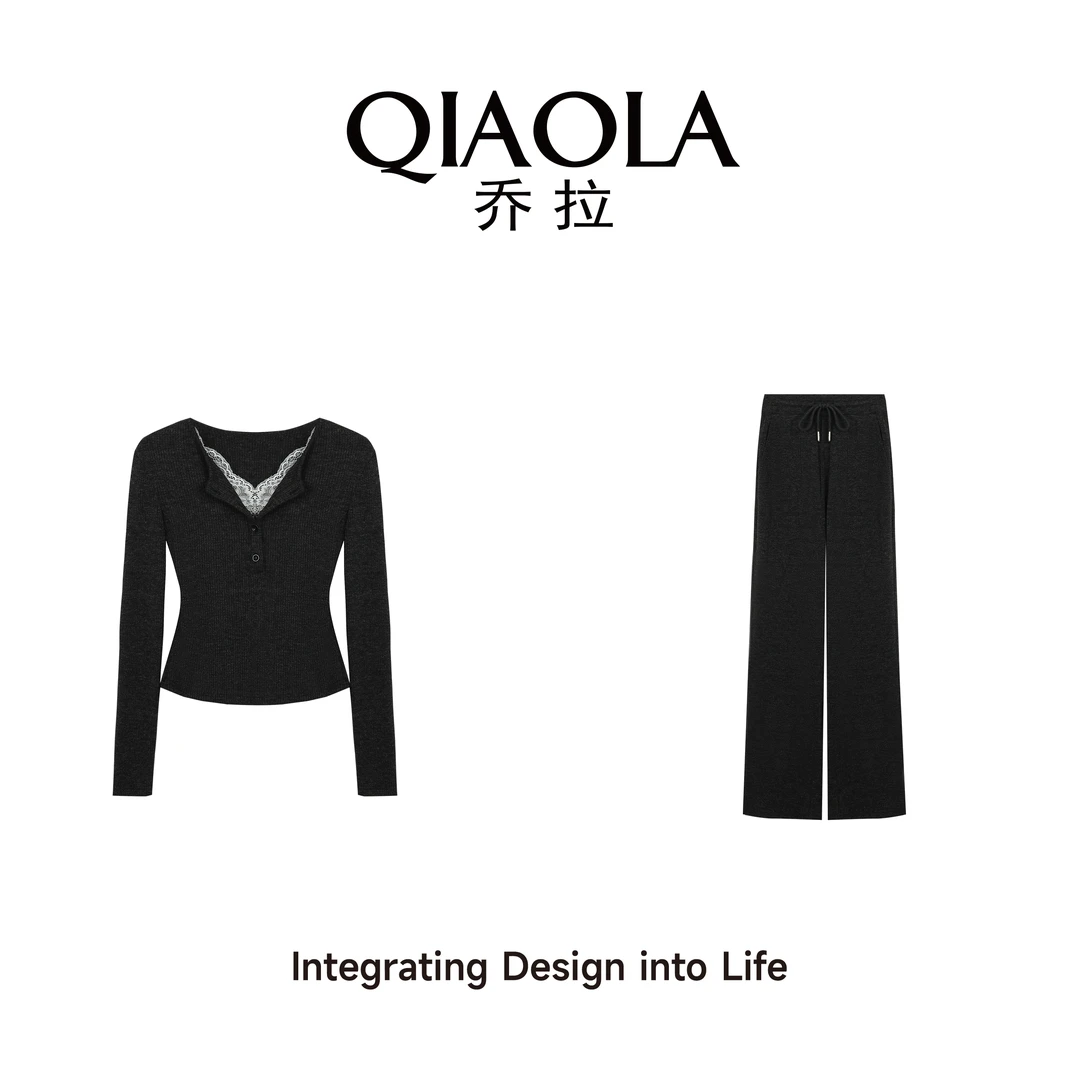 QIAOLA/乔拉【时光巷陌】秋季新款休闲风弹力针织坑条时尚套装预售