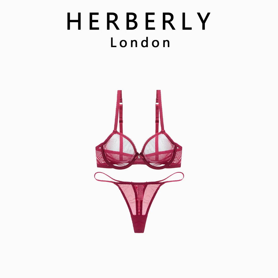 英国 HERBERLY 超薄透视舒适钢圈内衣性感全透明网纱文胸套装女