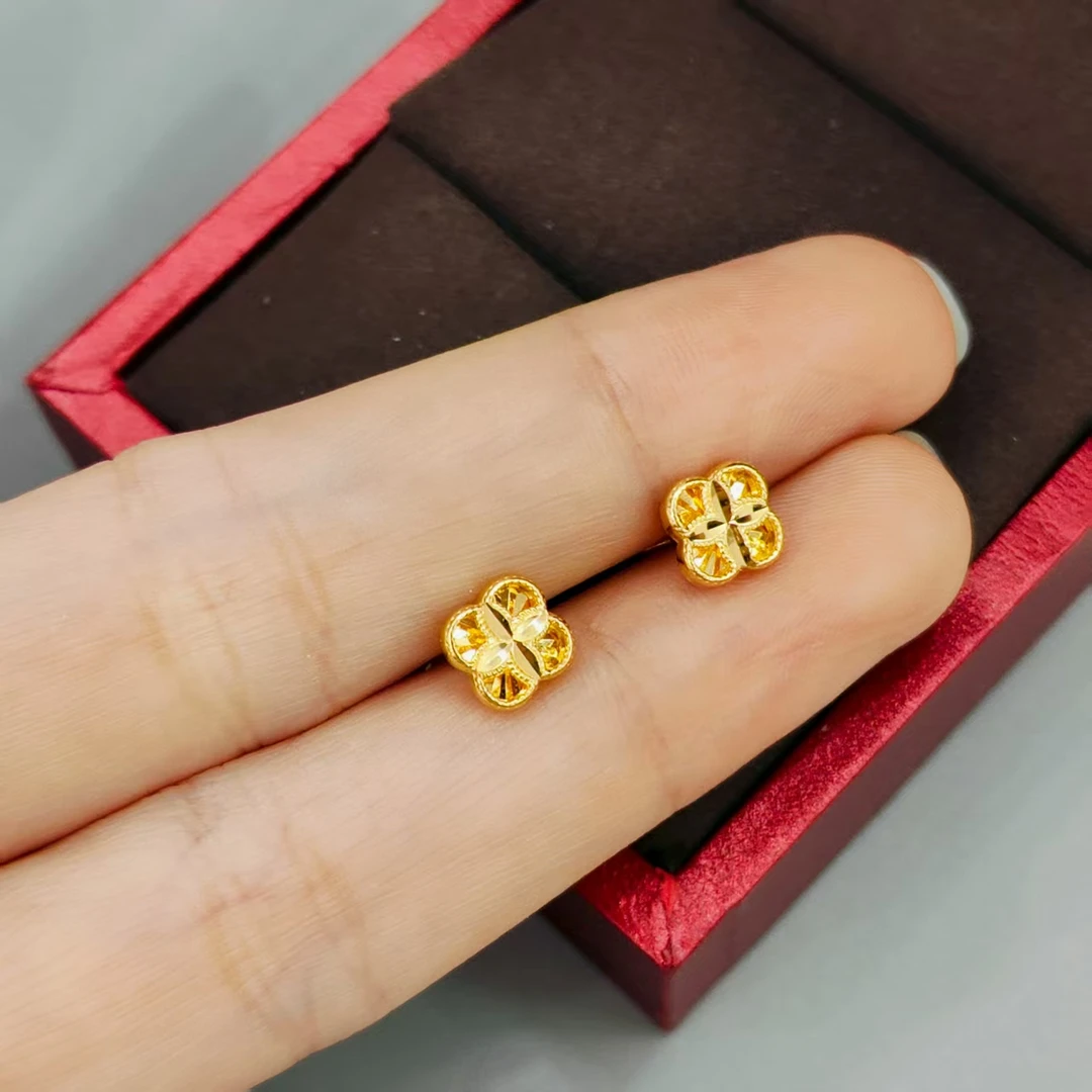 珺铺黄金 足金999【二店】5G双层镂空三叶草弯钩耳饰