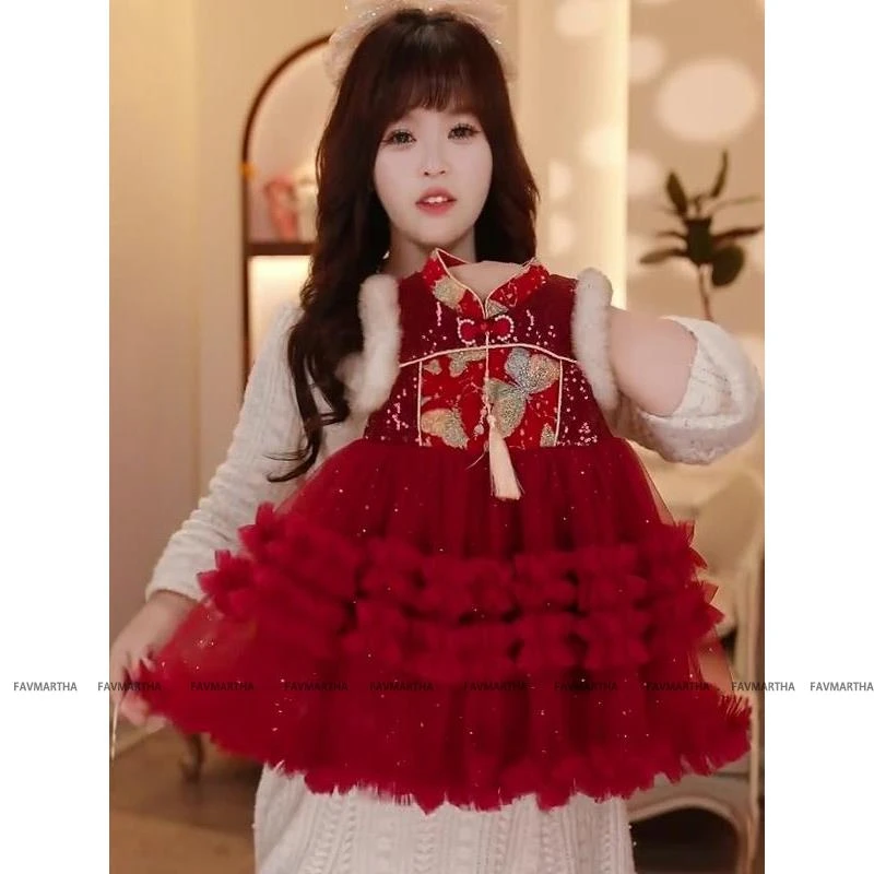 女童新中式旗袍连衣裙冬季2026新款小女孩加绒国风拜年礼服公主裙