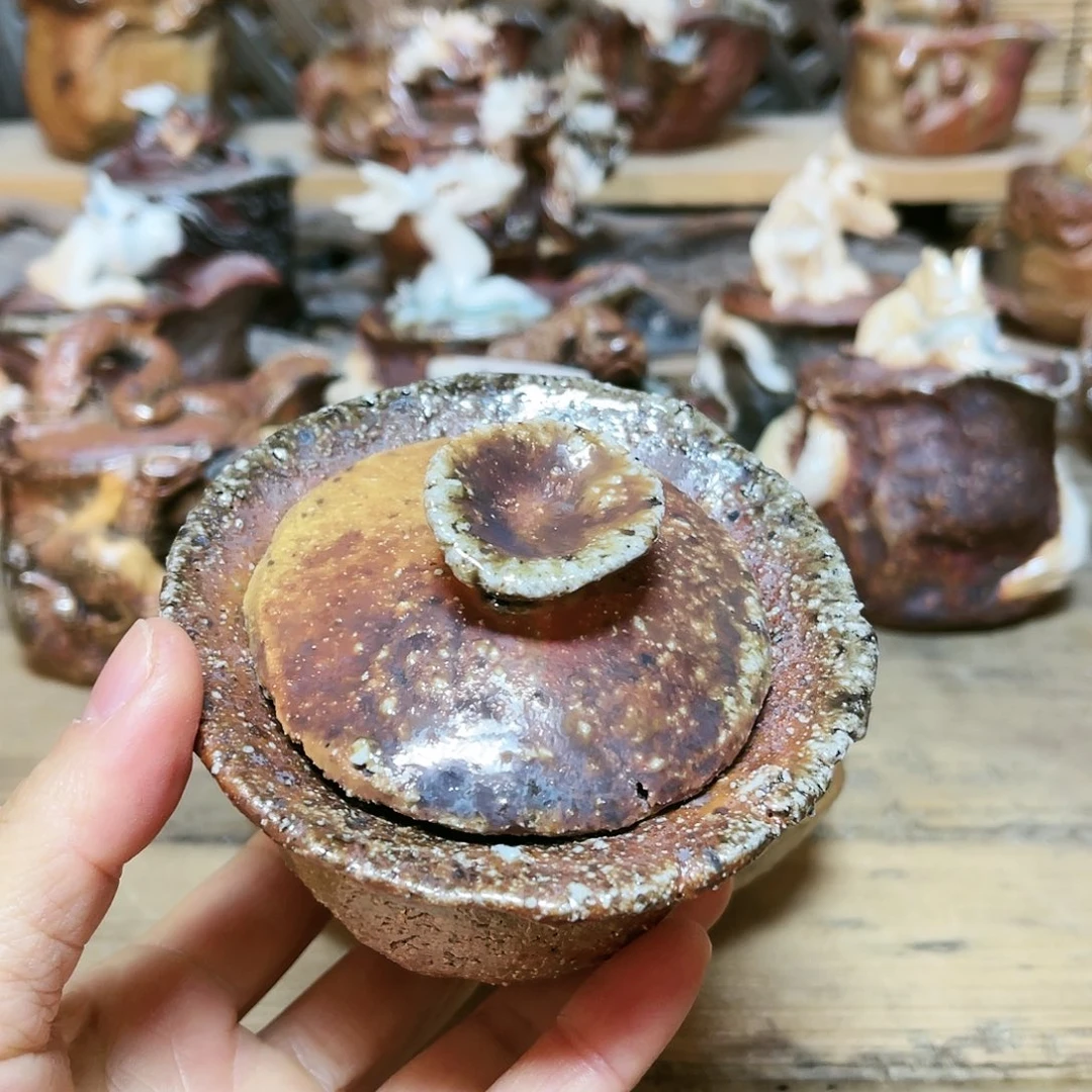 杯柴烧粗陶手捏盖碗