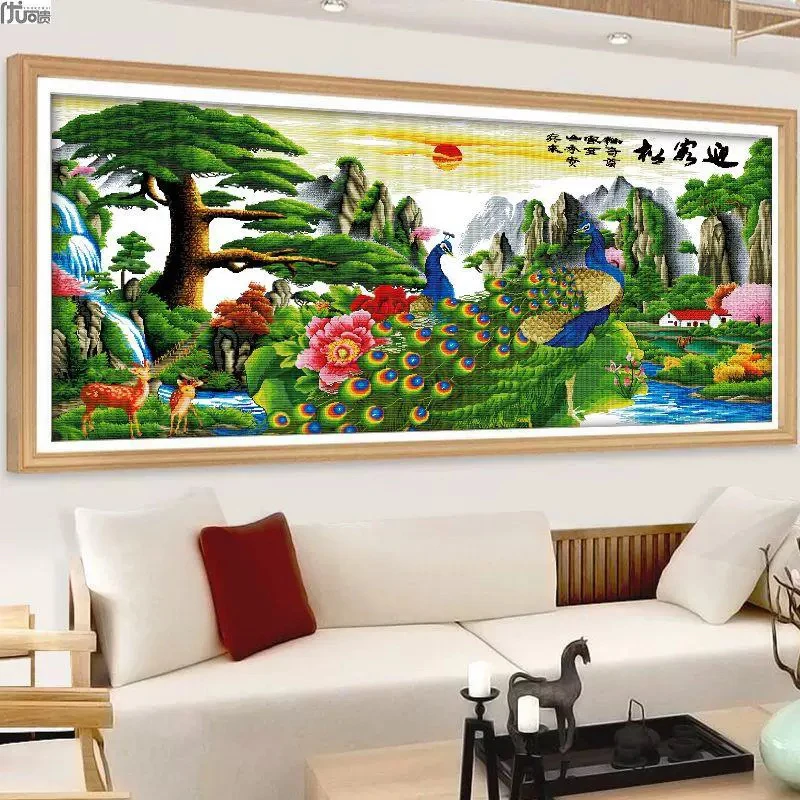 1.8中格纯手工绣好的十字绣成品绿孔雀迎客松花开富贵装饰画