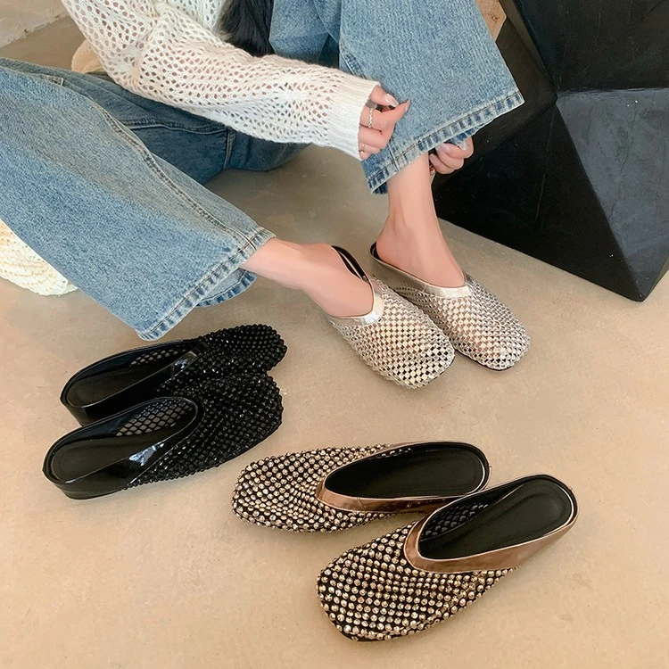 诗宝斐尔 内增高3CM法式满钻镂空网面包头半拖鞋女夏季真皮穆勒鞋