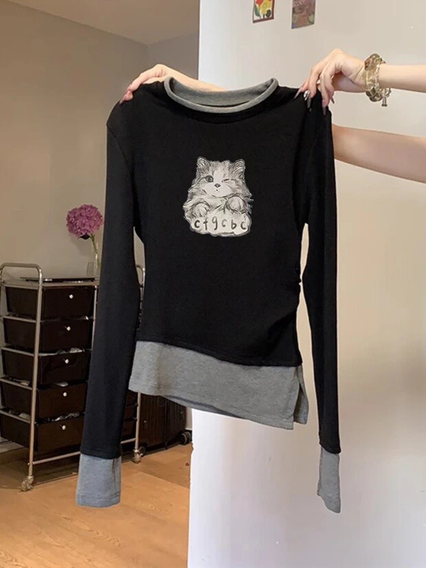 2025秋装新款撞色圆领设计感假两件长袖t恤女不规则内搭打底上衣