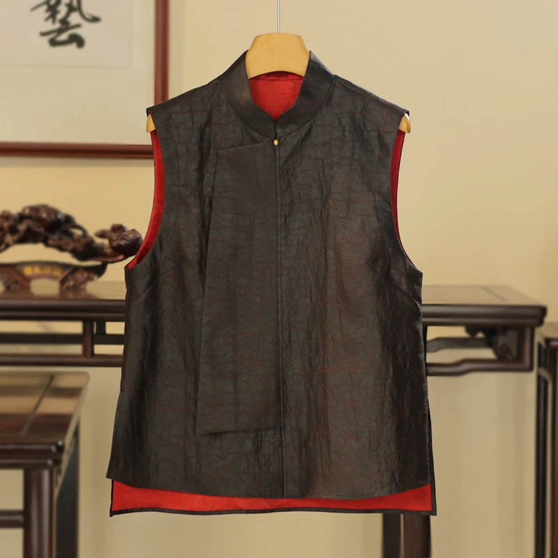【京华苏艺】香云纱精品缎龟红缎龟两面穿马甲桑蚕丝-68547S