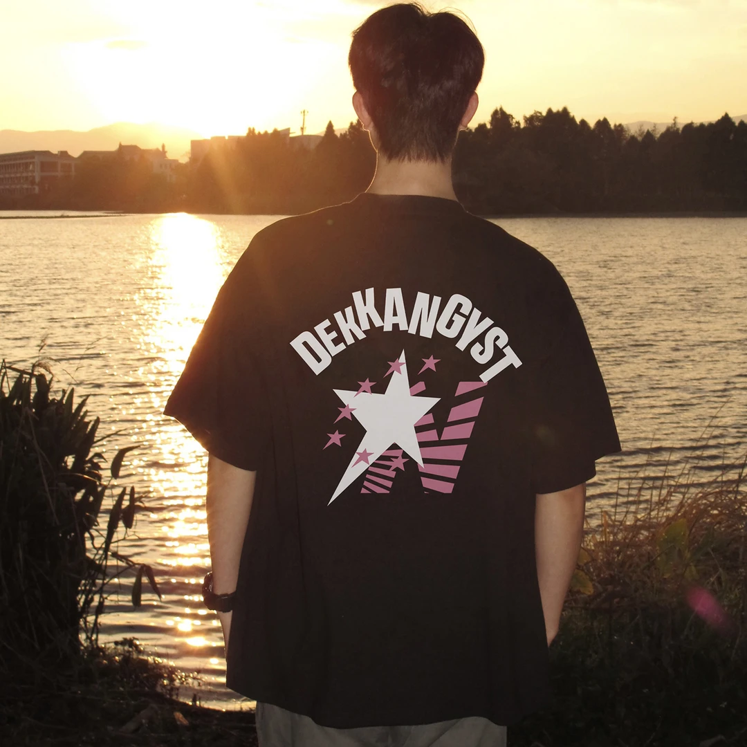 美式复古星星字母印花短袖男夏季圆领宽松休闲百搭体恤上衣