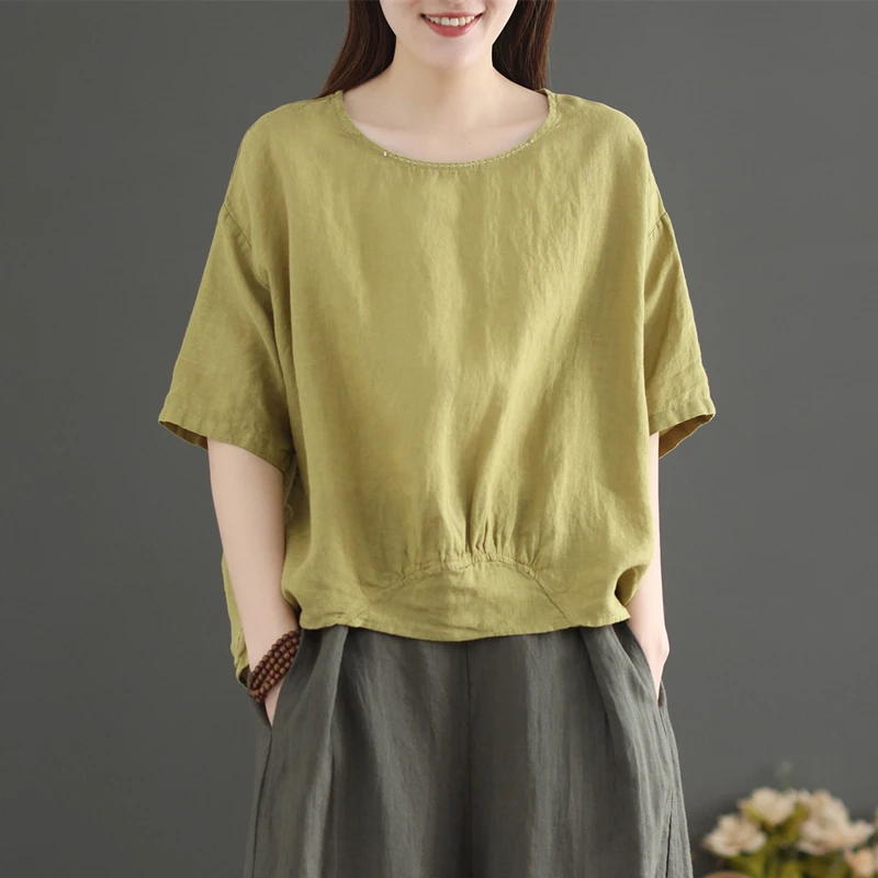 棉麻上衣女亚麻高端夏宽松夏天小个子妈妈短袖衫夏季女装复古恤