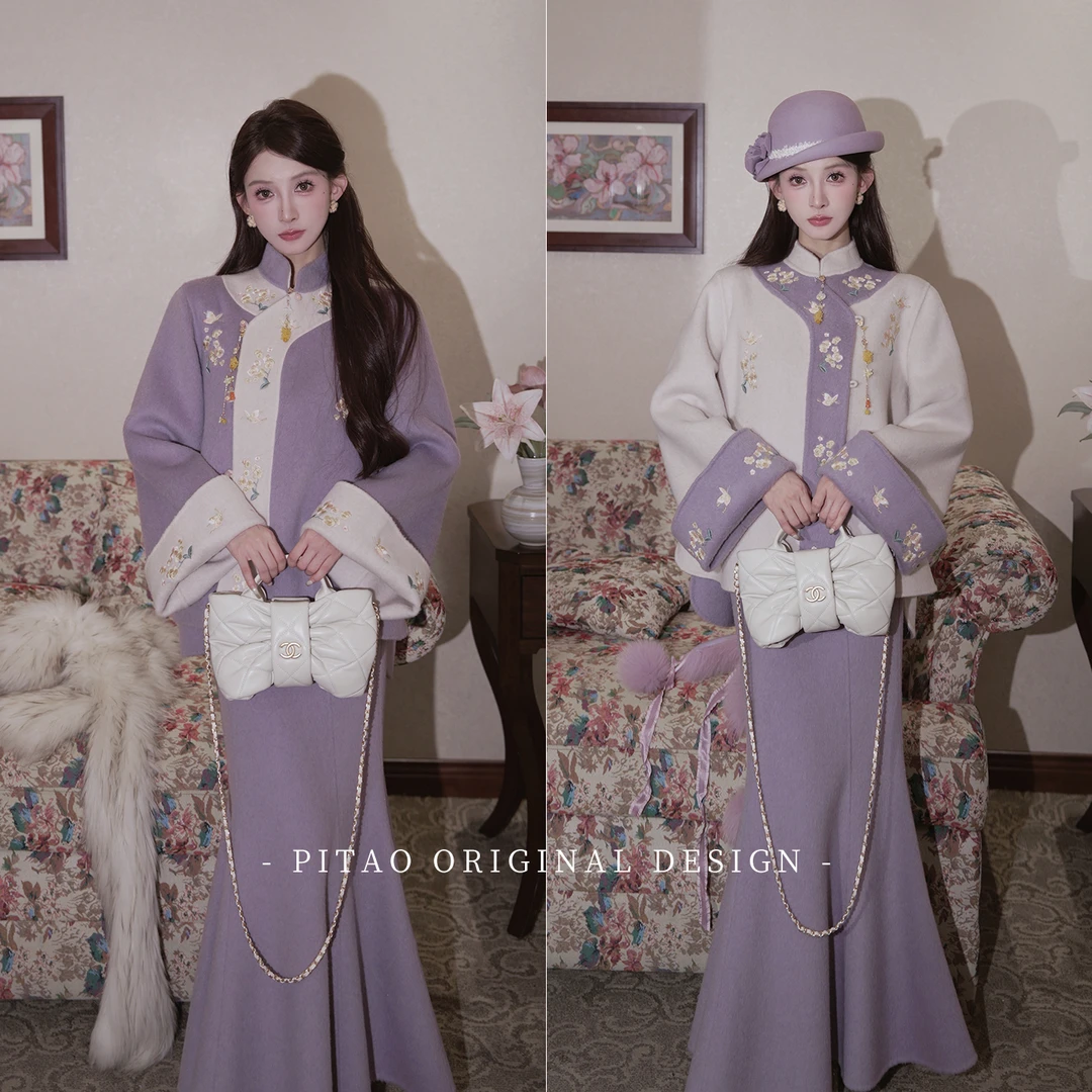 杜屁屁桃PITAO 原创【紫玉秋香】冬圆领短款100绵羊毛毛呢外套半裙