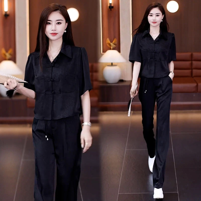 休闲时尚套装女2025夏季新款新中式国风盘扣短袖衬衫阔腿裤两件套