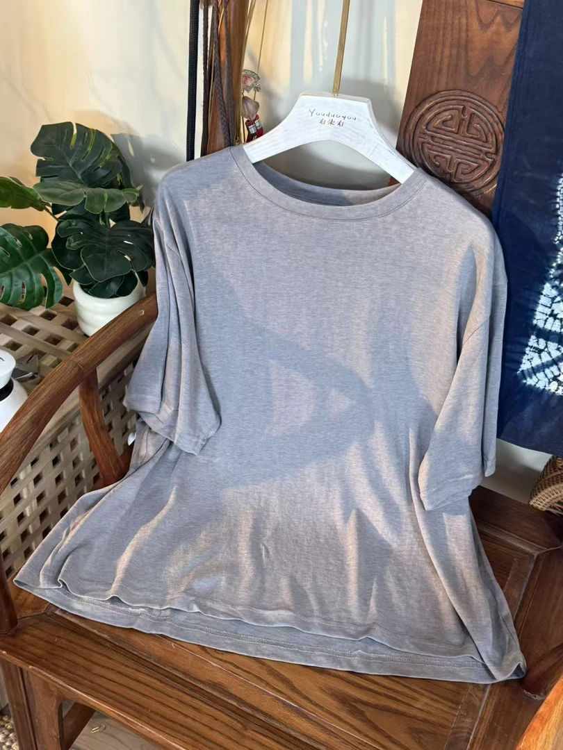 【云目悠悠】夏季百搭显瘦女士雪花亚麻短袖-2025590