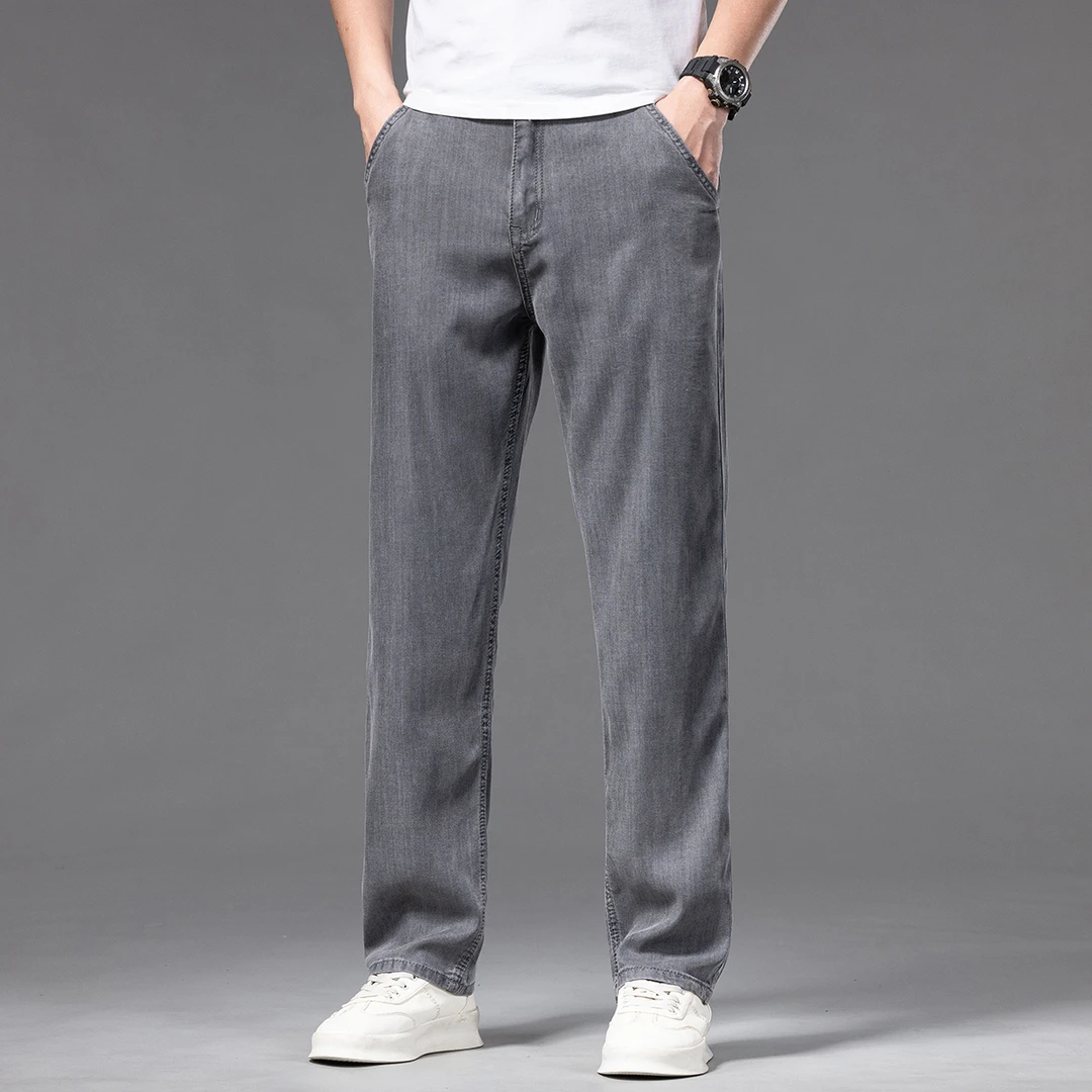 夏季薄款时尚男士牛仔裤个性烟灰色潮流舒适宽松直筒天丝裤子2503