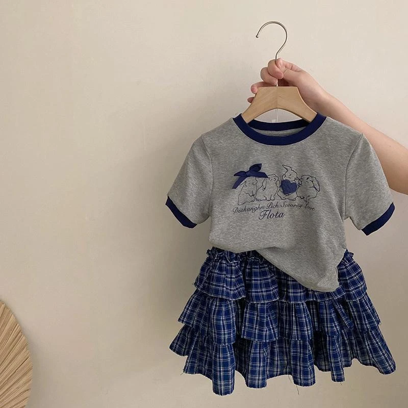 童装女童套装夏季新款蝴蝶结卡通短袖花边格子百搭蛋糕裙两件套潮