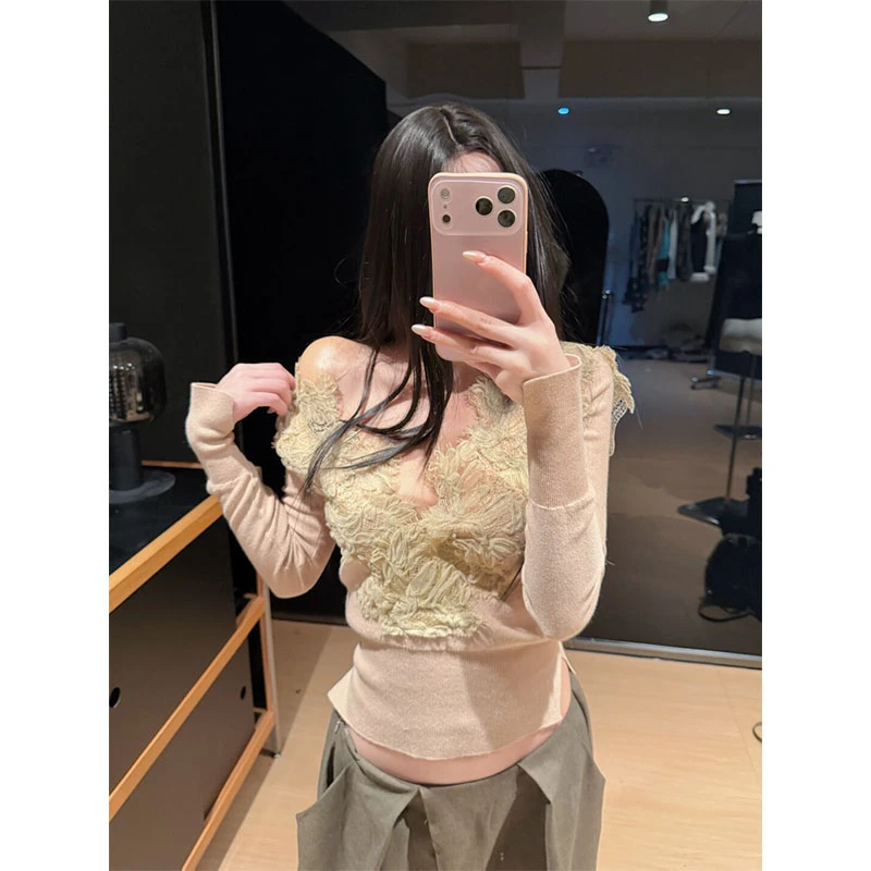 法式气质长袖针织衫女冬季内搭打底衫纯欲性感上衣咖色阔腿长裤